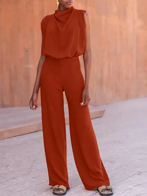 Women Sleeveless Long Jumpsuit  Fashion Wide Leg Pants Overalls Elegant Stand Collar Pleating Rompers Casual Tank Playsuit