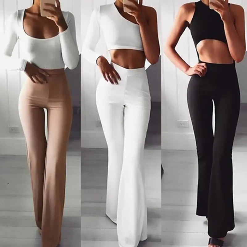 Women High Waist Long Pants OL Ladies Career Solid Palazzo Slim Flare Wide Leg Trousers Harem Pants