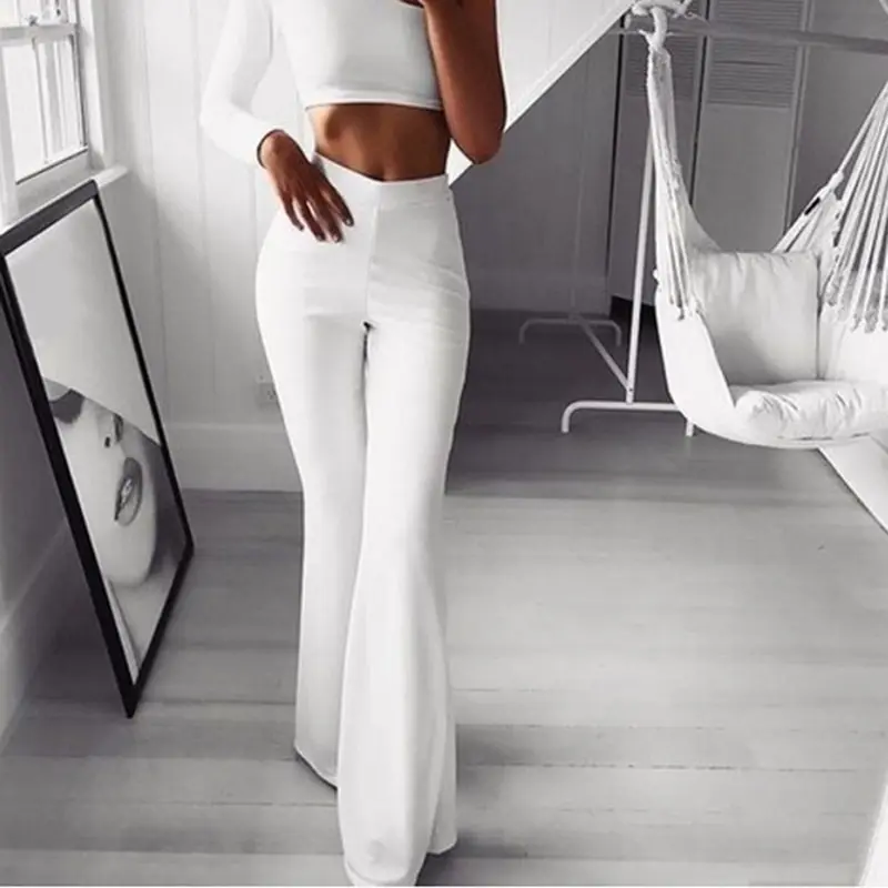 Women High Waist Long Pants OL Ladies Career Solid Palazzo Slim Flare Wide Leg Trousers Harem Pants