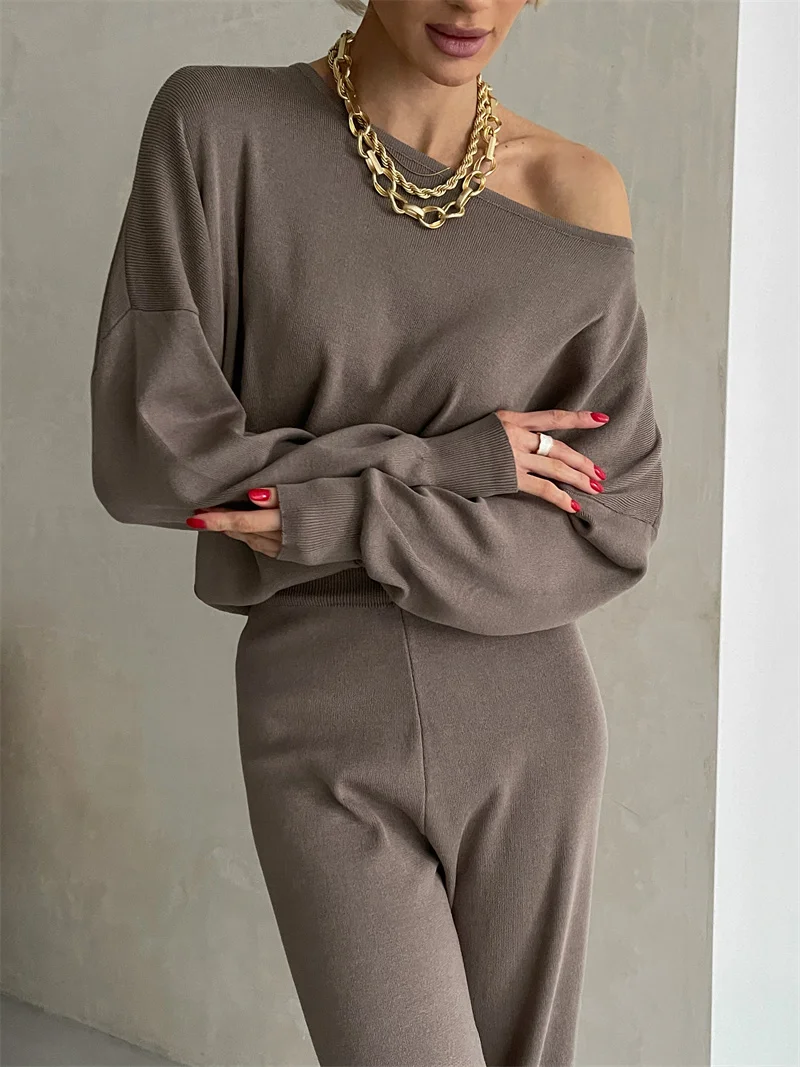 Women One Shoulder Sexy Knit Two Piece Set Casual Knitted Pants Suits and Top Matching Sets