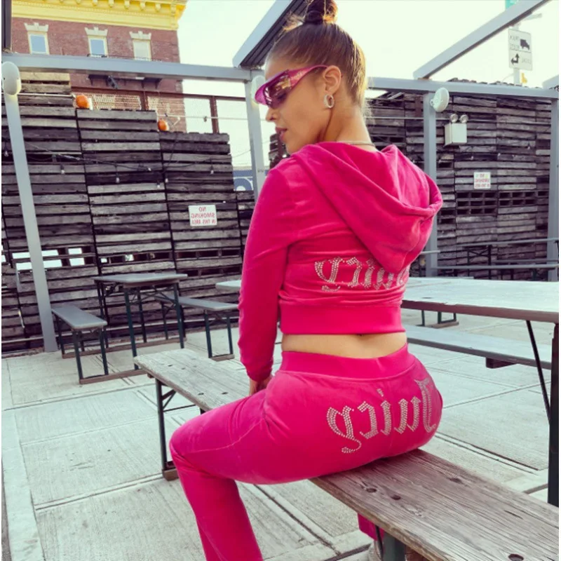 Women Velvet Diamond Long Sleeve Pants Hoodie Suits2 Piece Set Zipper Tracksuit Crop Top