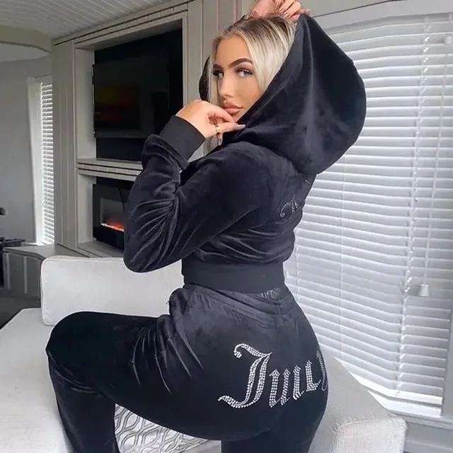 Women Velvet Diamond Long Sleeve Pants Hoodie Suits2 Piece Set Zipper Tracksuit Crop Top