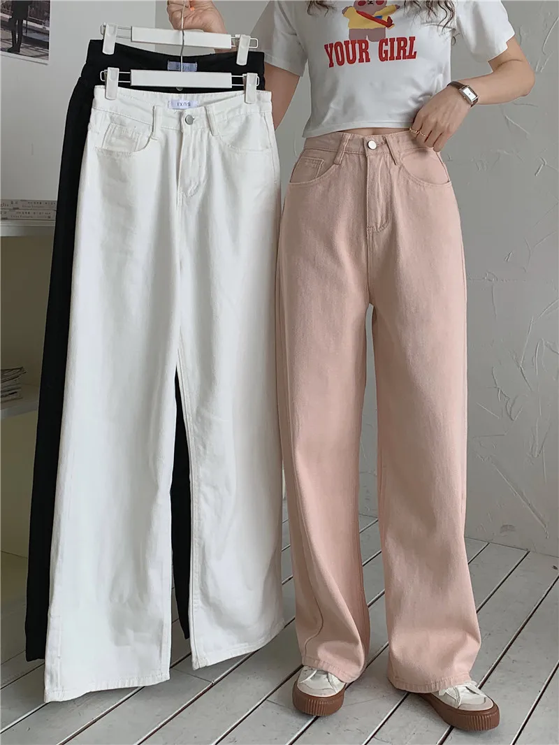 Pink Color Jeans Korean High Waist Jeans Wide Leg Denim Pants Women Straight Jeans