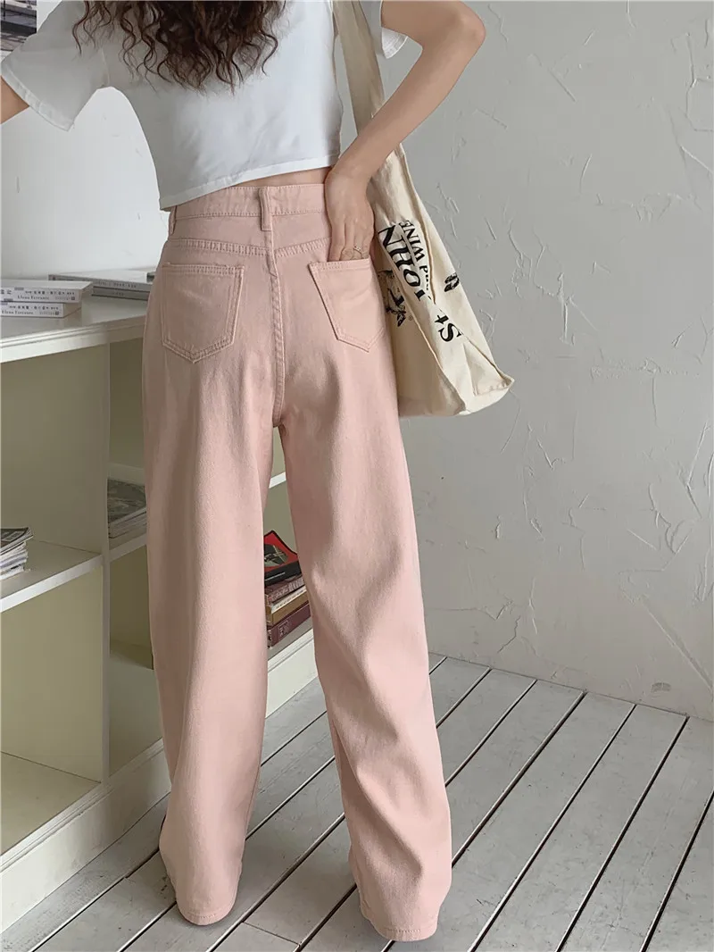 Pink Color Jeans Korean High Waist Jeans Wide Leg Denim Pants Women Straight Jeans