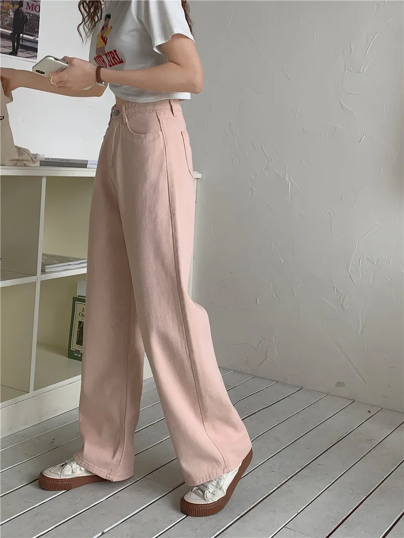 Pink Color Jeans Korean High Waist Jeans Wide Leg Denim Pants Women Straight Jeans