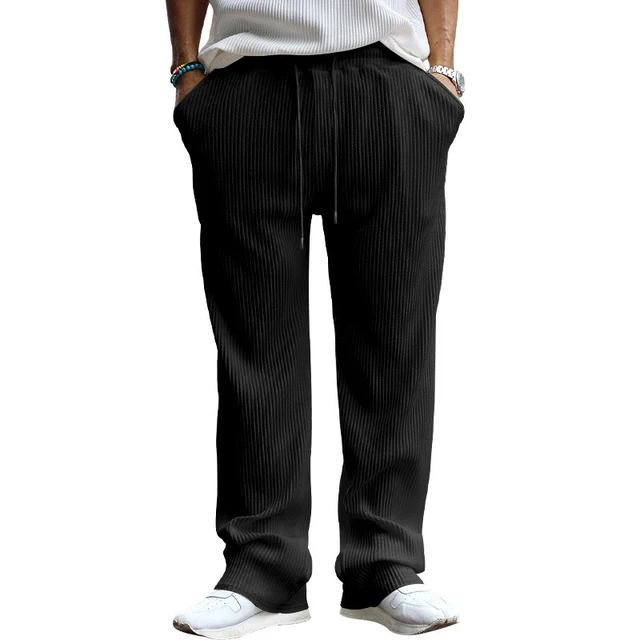 Men Soft Ribbed Trousers Fashion Solid Color Drawstring Lace-up Straight Pants Streetwear