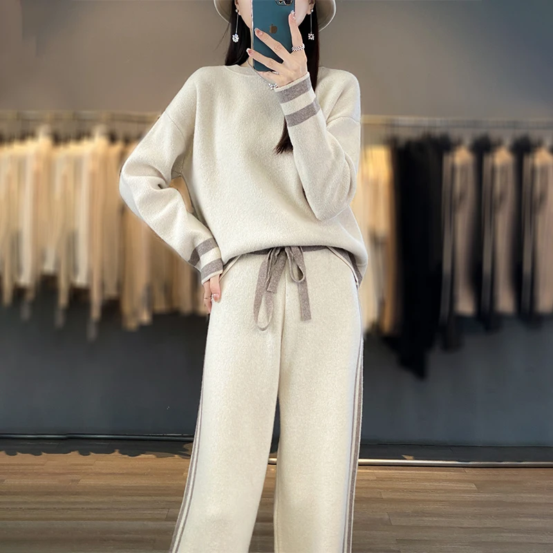 Women's New 100% Wool O-Neck Pullover Sweater Colored Knitted High Grade Wide Leg Pants Two Piece Set
