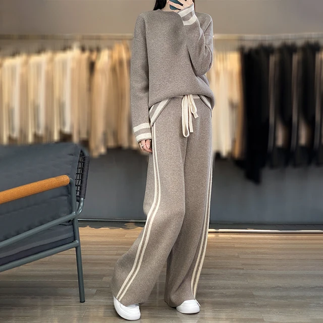 Women's New 100% Wool O-Neck Pullover Sweater Colored Knitted High Grade Wide Leg Pants Two Piece Set