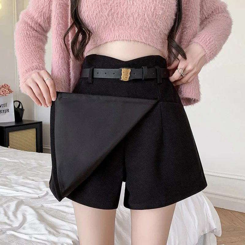Women Thicken Woolen Skirts Shorts High Waist Casual Warm Wide Leg Short Pants
