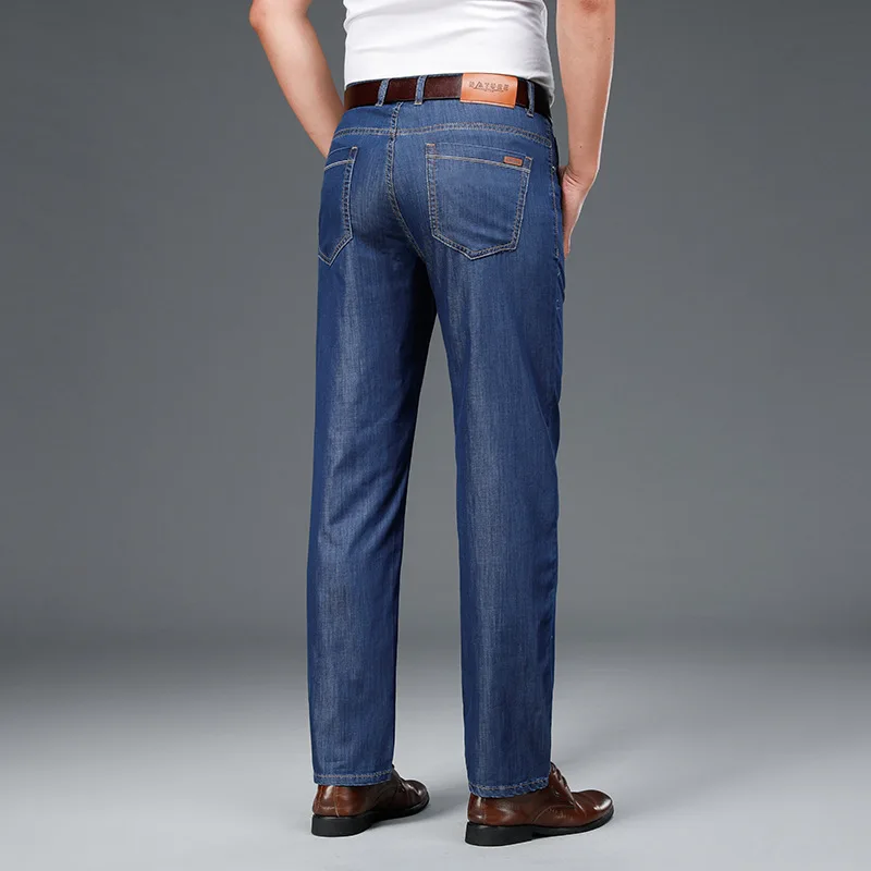 Men Denim Pants Thin Business Casual Jeans Loose Mid Straight Ice Silk Men Pants