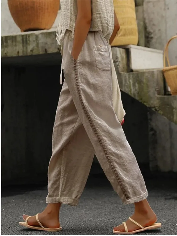 Women Cotton Linen Solid Hollow Out Pants New Elegant Lace Patchwork Pockets Casual Office Trousers