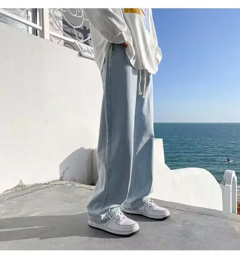 Men's Baggy Jeans Classic All-match Solid Color Straight-leg Denim Wide-leg Pants