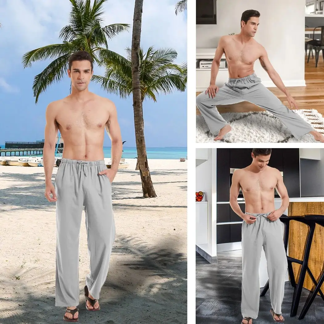 Men's Linen Casual Pants Loose Lightweight Yoga Pants with Drawstring Beach Vacation Pants Daily Home Pants