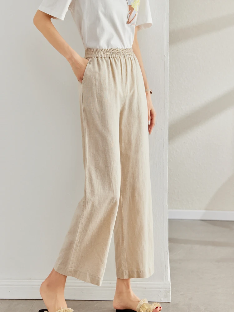 Women Wide Leg Cotton Linen Pants Fashion Simple Casual Solid Straight Leg Loose Thin Trousers Pockets