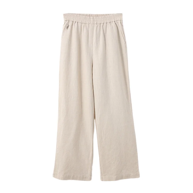 Women Wide Leg Cotton Linen Pants Fashion Simple Casual Solid Straight Leg Loose Thin Trousers Pockets