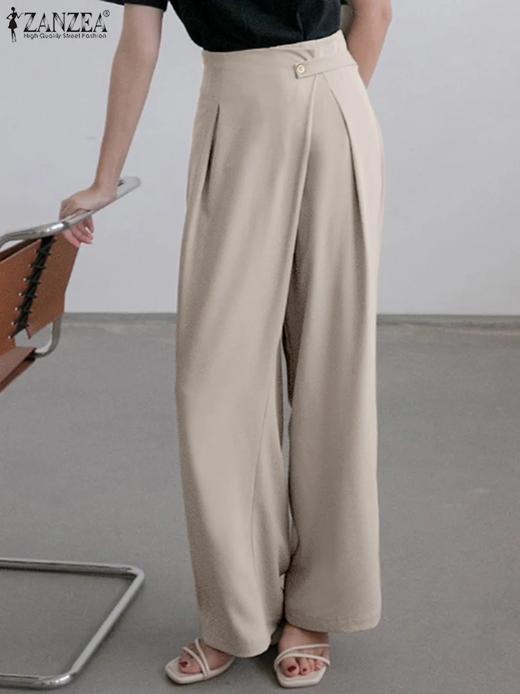 Women Elegant OL Wide Leg Pants Trousers Casual High Waist Solid Work Long Pantaloon Loose Office Palazzo