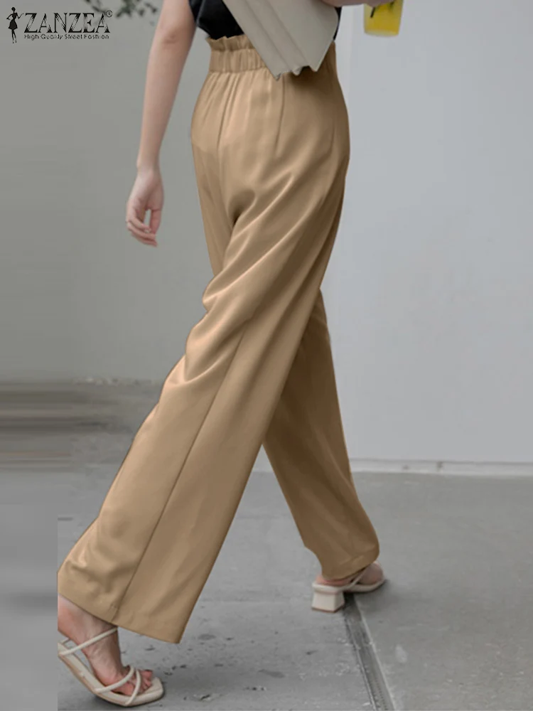 Women Elegant OL Wide Leg Pants Trousers Casual High Waist Solid Work Long Pantaloon Loose Office Palazzo