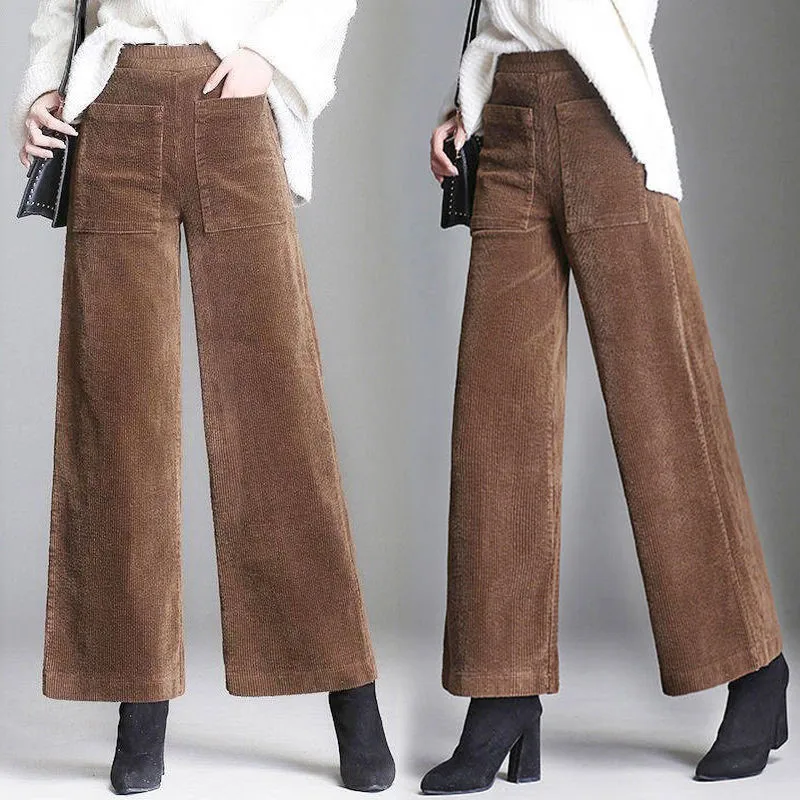 Women Corduroy Wide Leg Pants High Waist Casual Loose Ankle-Length Pants Korean Palazzo Plus Size Trousers