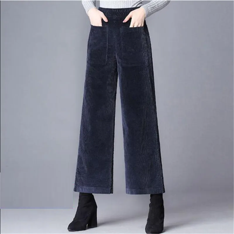 Women Corduroy Wide Leg Pants High Waist Casual Loose Ankle-Length Pants Korean Palazzo Plus Size Trousers