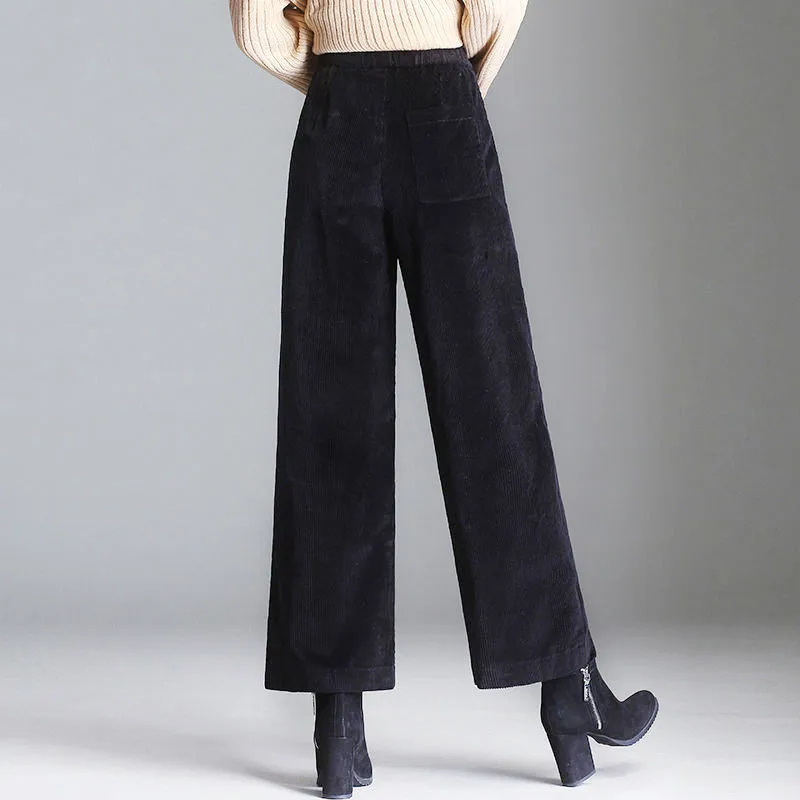 Women Corduroy Wide Leg Pants High Waist Casual Loose Ankle-Length Pants Korean Palazzo Plus Size Trousers