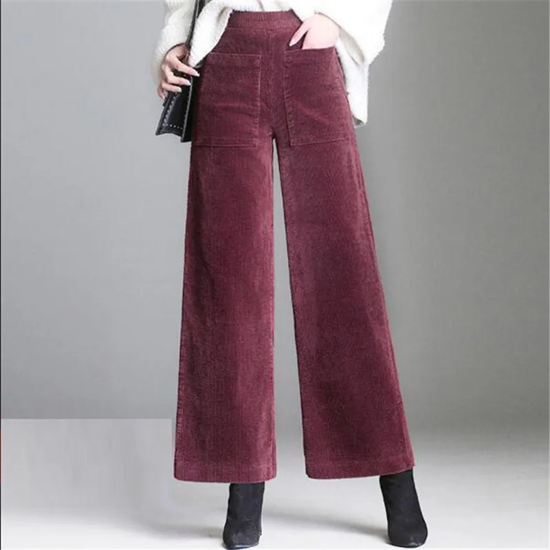 Women Corduroy Wide Leg Pants High Waist Casual Loose Ankle-Length Pants Korean Palazzo Plus Size Trousers