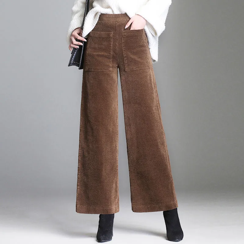 Women Corduroy Wide Leg Pants High Waist Casual Loose Ankle-Length Pants Korean Palazzo Plus Size Trousers