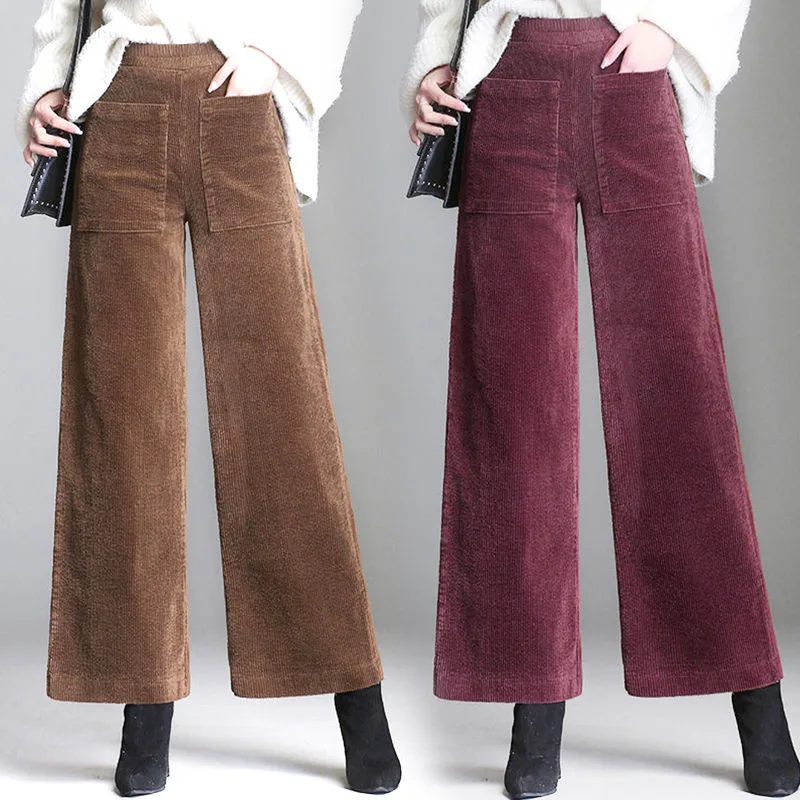 Women Corduroy Wide Leg Pants High Waist Casual Loose Ankle-Length Pants Korean Palazzo Plus Size Trousers