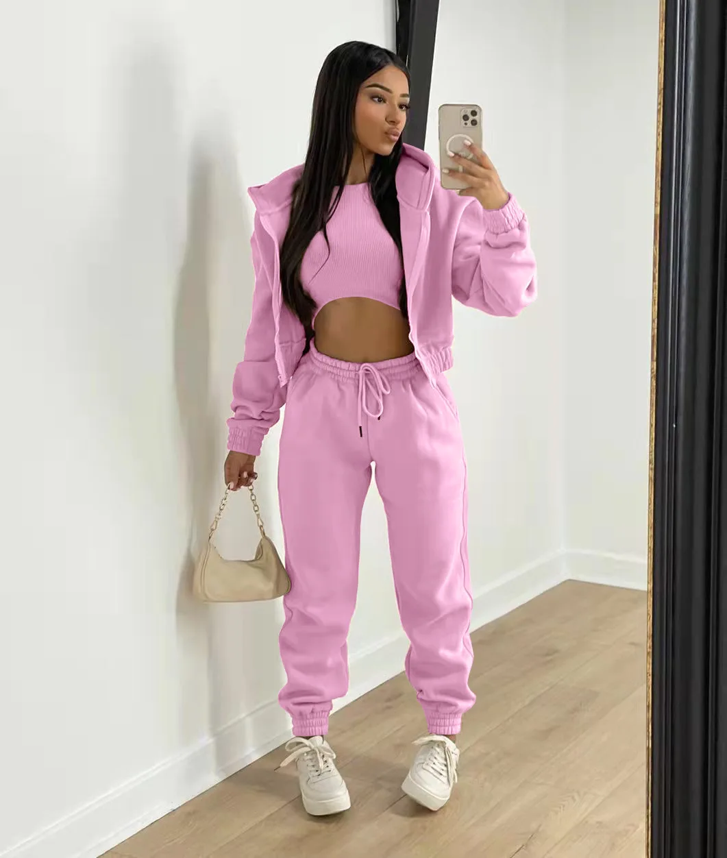 Women 3 Piece Sets Long Sleeve Zip Hoodies+Ribbed Tank+High Waist Sweatpants Jogger Pant Suit Sporty