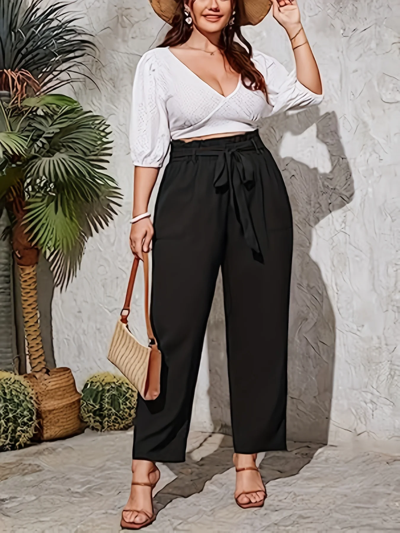 Women high-waisted style drawstring temperament design style solid color pants