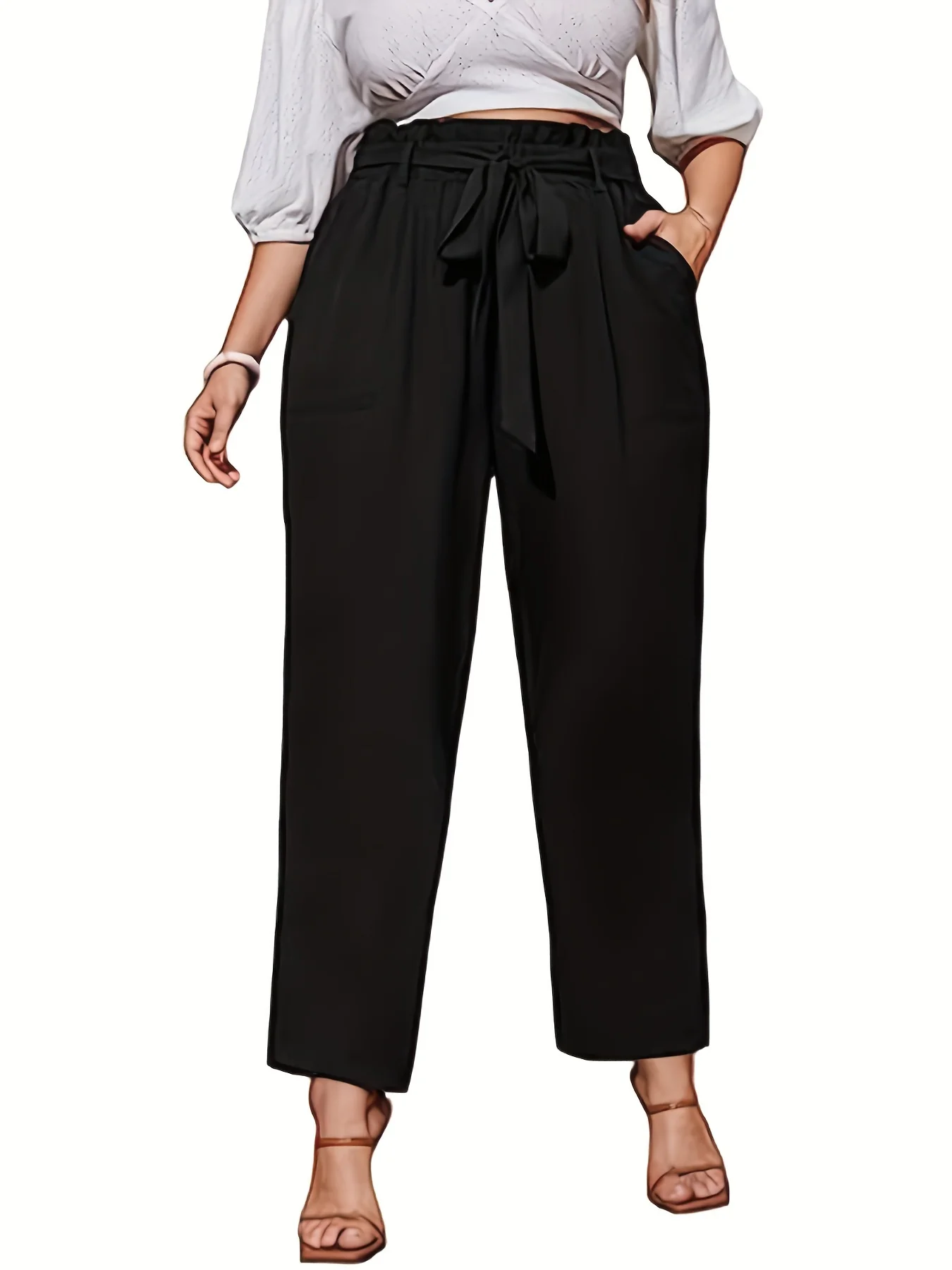 Women high-waisted style drawstring temperament design style solid color pants
