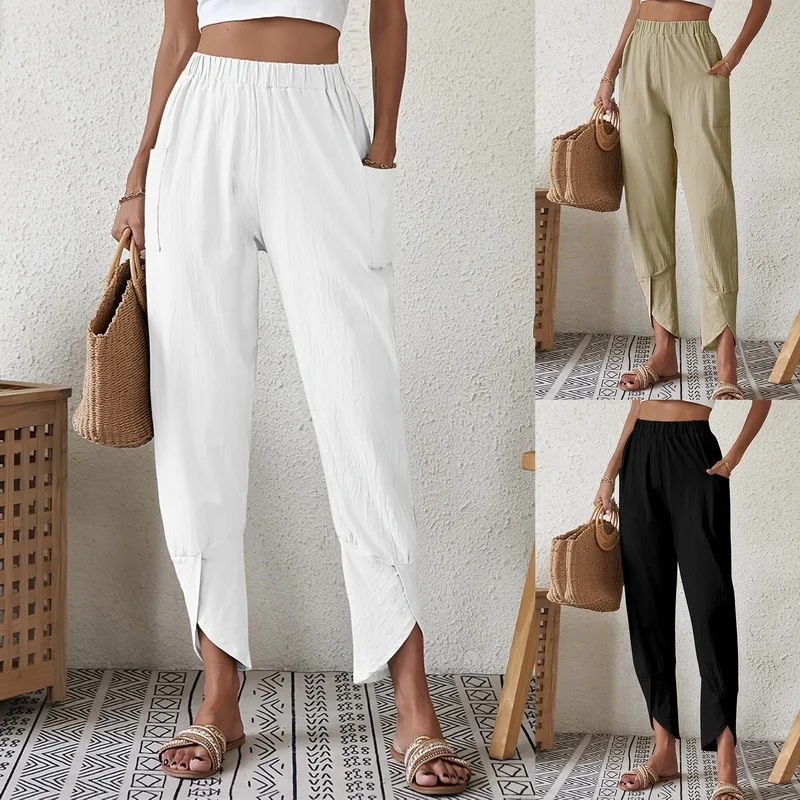 Women Cotton Linen Harem Pants Casual Loose High Waist Pocket Vintage Ankle-Length Wide Leg Trousers