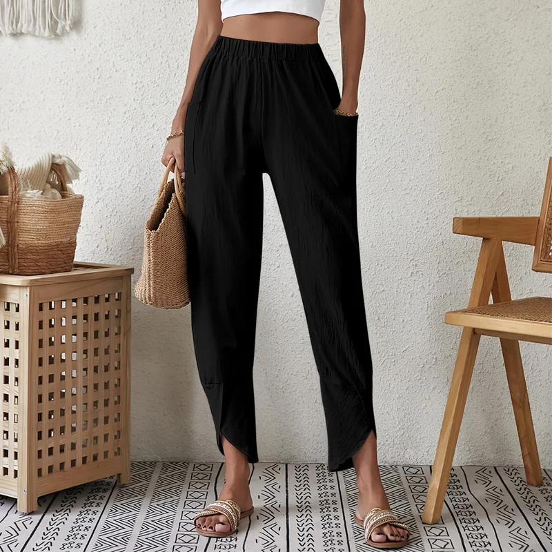 Women Cotton Linen Harem Pants Casual Loose High Waist Pocket Vintage Ankle-Length Wide Leg Trousers