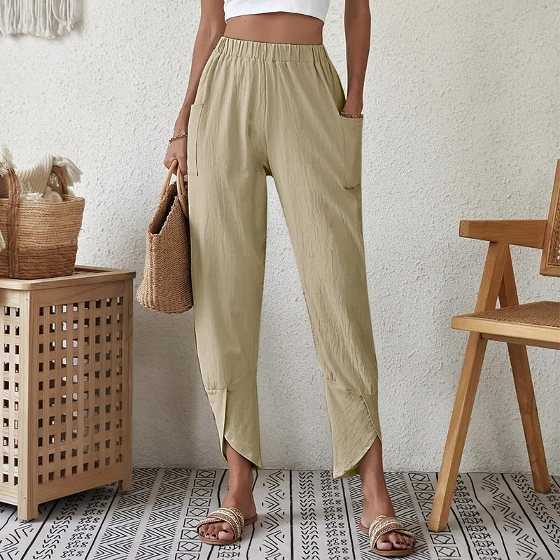 Women Cotton Linen Harem Pants Casual Loose High Waist Pocket Vintage Ankle-Length Wide Leg Trousers