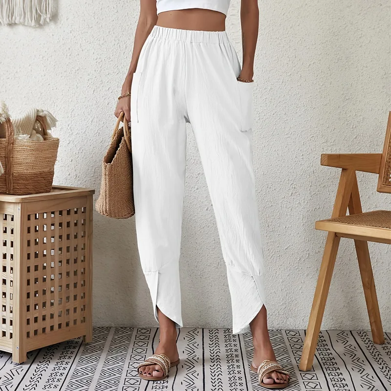 Women Cotton Linen Harem Pants Casual Loose High Waist Pocket Vintage Ankle-Length Wide Leg Trousers