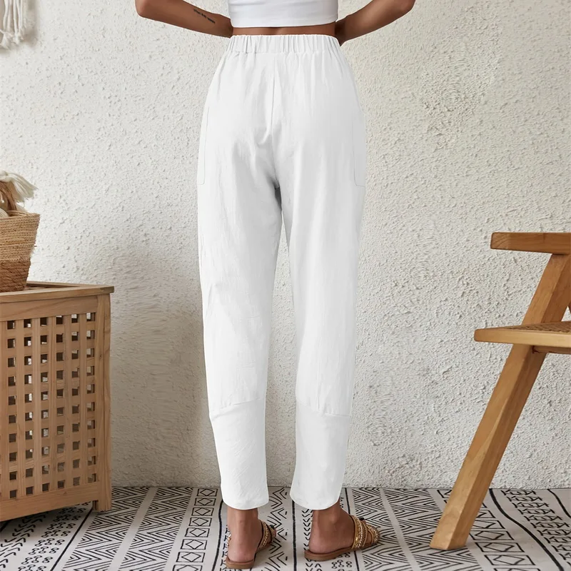 Women Cotton Linen Harem Pants Casual Loose High Waist Pocket Vintage Ankle-Length Wide Leg Trousers