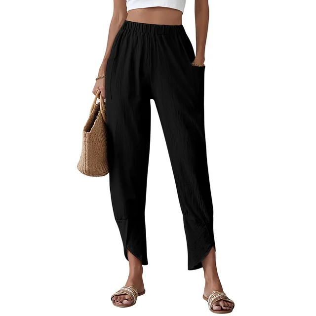 Women Cotton Linen Harem Pants Casual Loose High Waist Pocket Vintage Ankle-Length Wide Leg Trousers