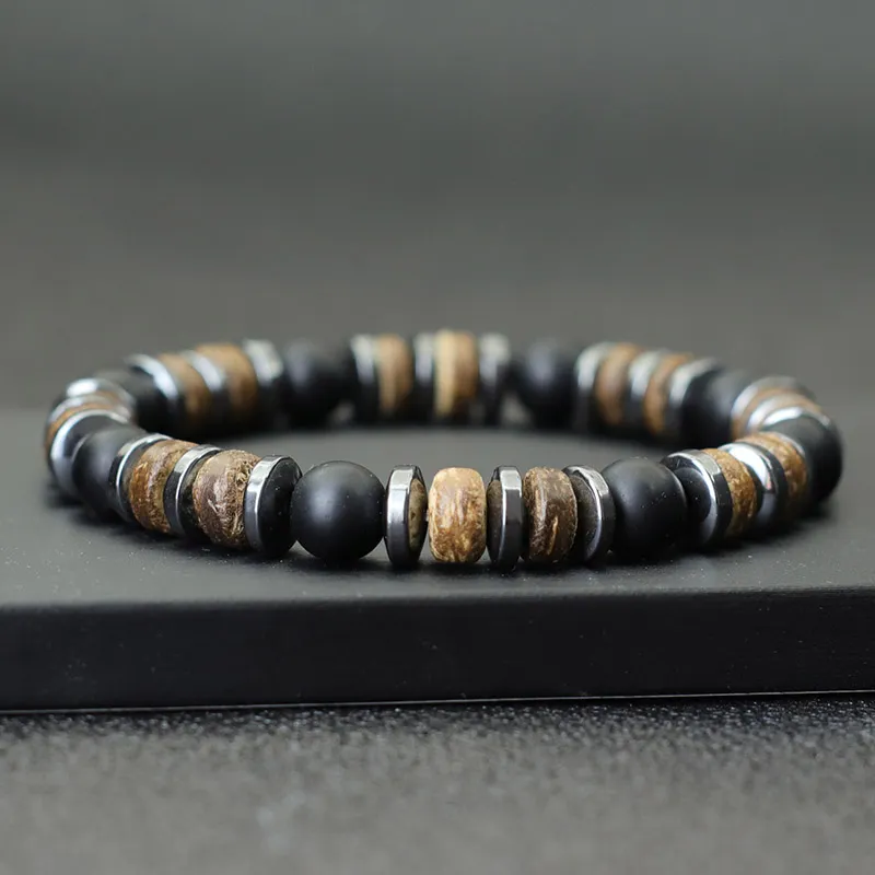 Men Natural Wooden Homme Black Hematite Stone Beaded Accessories Casual Jewelry Tiger Eyes Volcanic Bracelet