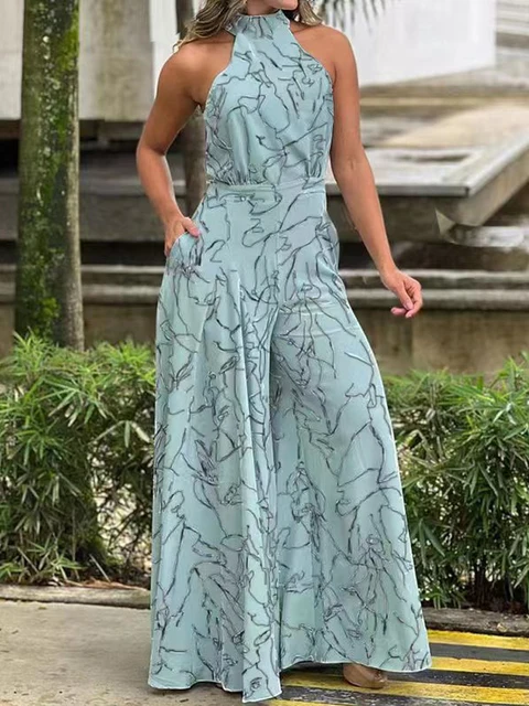 Women's Elegant Waist Halter Jumpsuit Casual Print Tie Sleeveless Wide Leg Long Pant Clothing