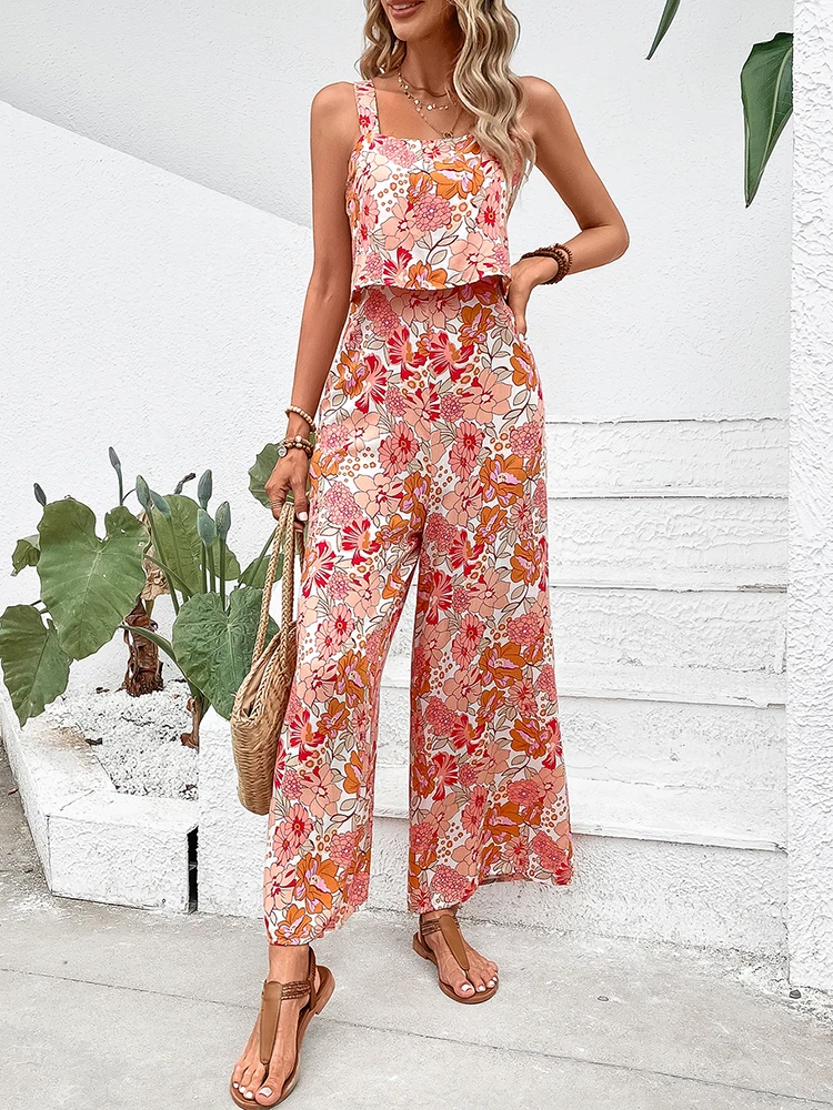 Women Elegant Long Jumpsuit Sexy Backless Wide Leg Jumpsuits Casual Sleeveless Floral Rompers