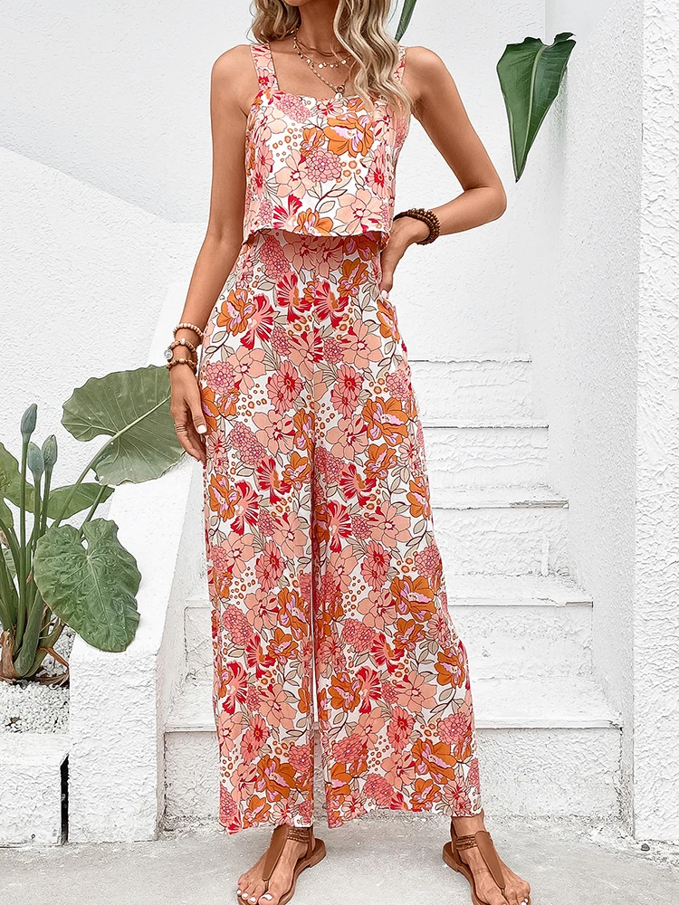 Women Elegant Long Jumpsuit Sexy Backless Wide Leg Jumpsuits Casual Sleeveless Floral Rompers