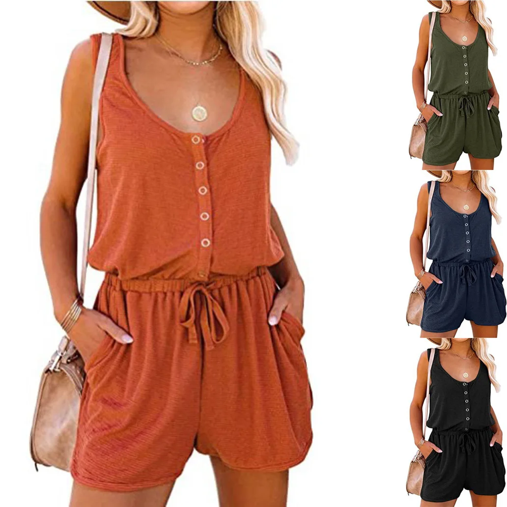 Women's Cross-Border New Sleeveless Jumpsuit With Waist Tied Casual Loose Wide leg Shorts