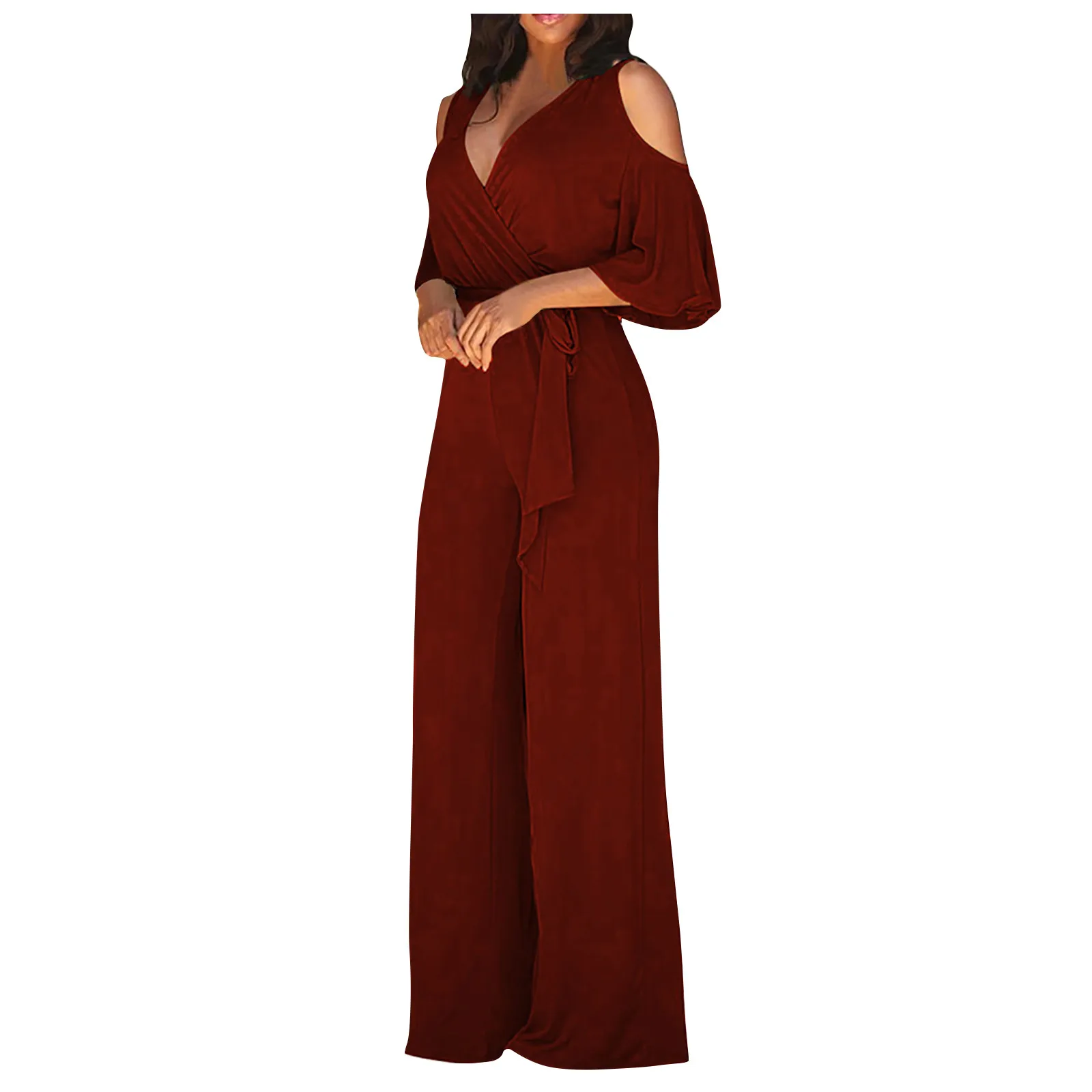 Women's V-Neck Hollow Short Sleeves Casual Long Pants Wide Leg Pants Jumpsuits