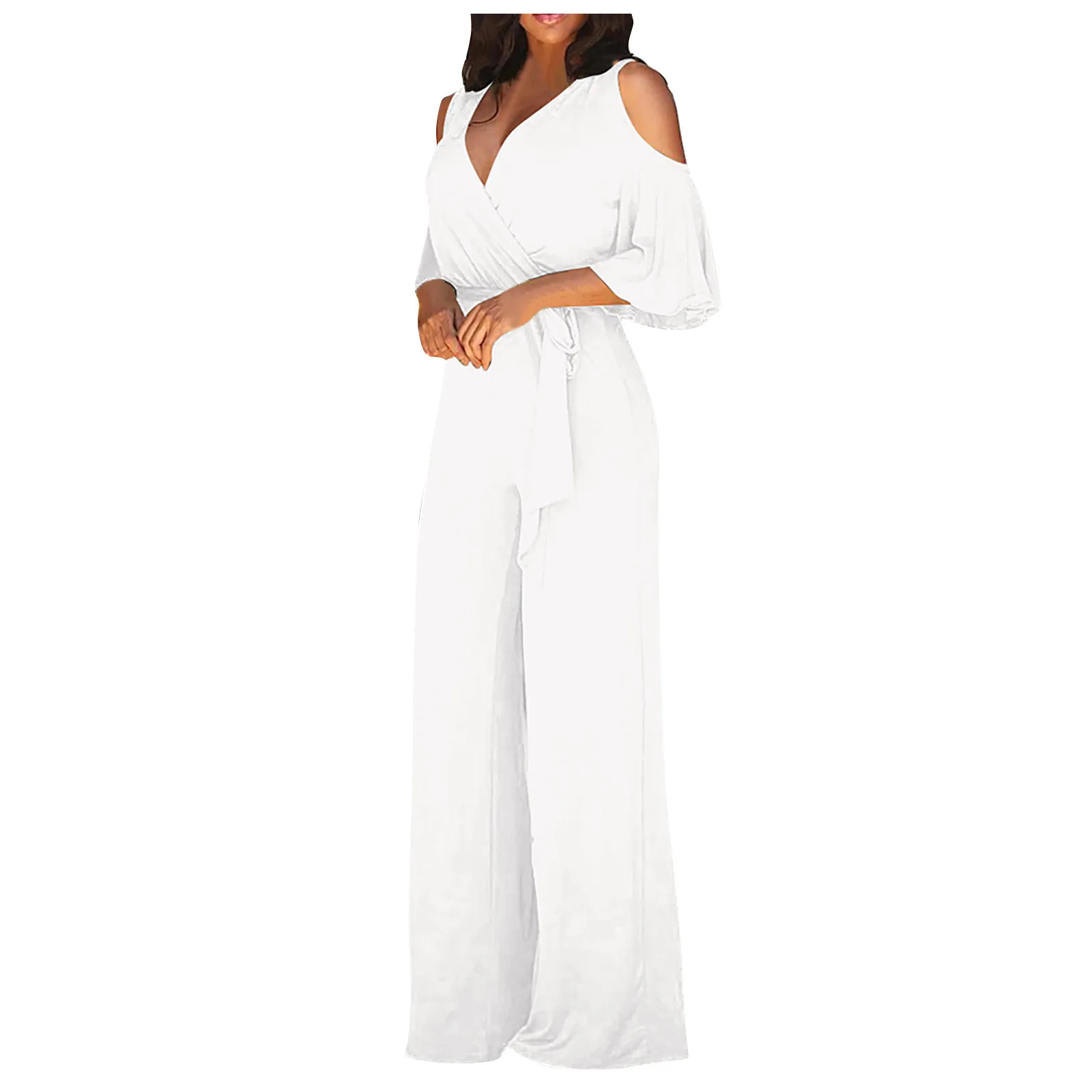 Women's V-Neck Hollow Short Sleeves Casual Long Pants Wide Leg Pants Jumpsuits