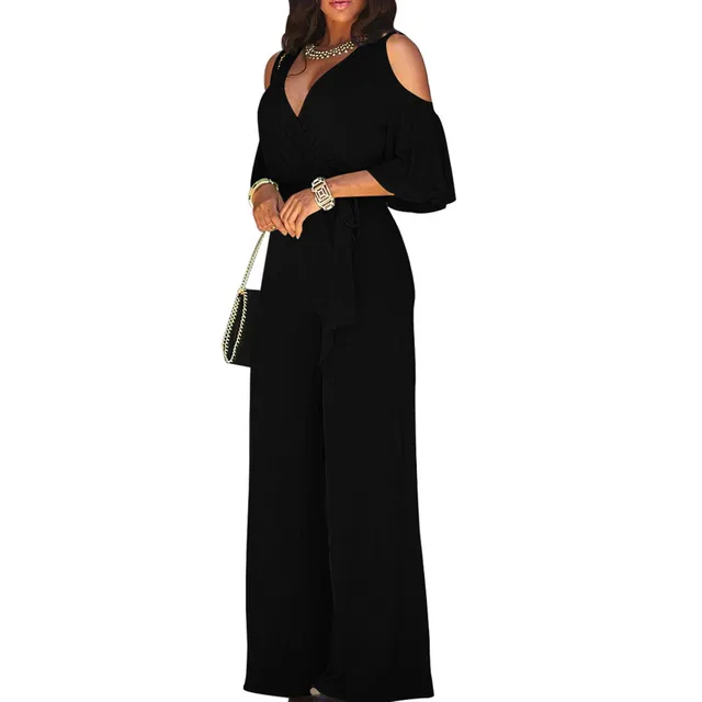 Women's V-Neck Hollow Short Sleeves Casual Long Pants Wide Leg Pants Jumpsuits