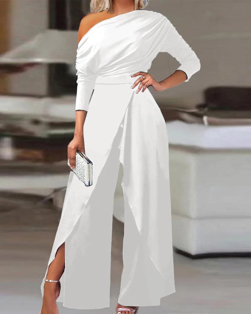 Women Elegant New Fashion Plain Elegant Office Lady Loose Ruched Cold Shoulder Split Hem Wide Leg Jumpsuit