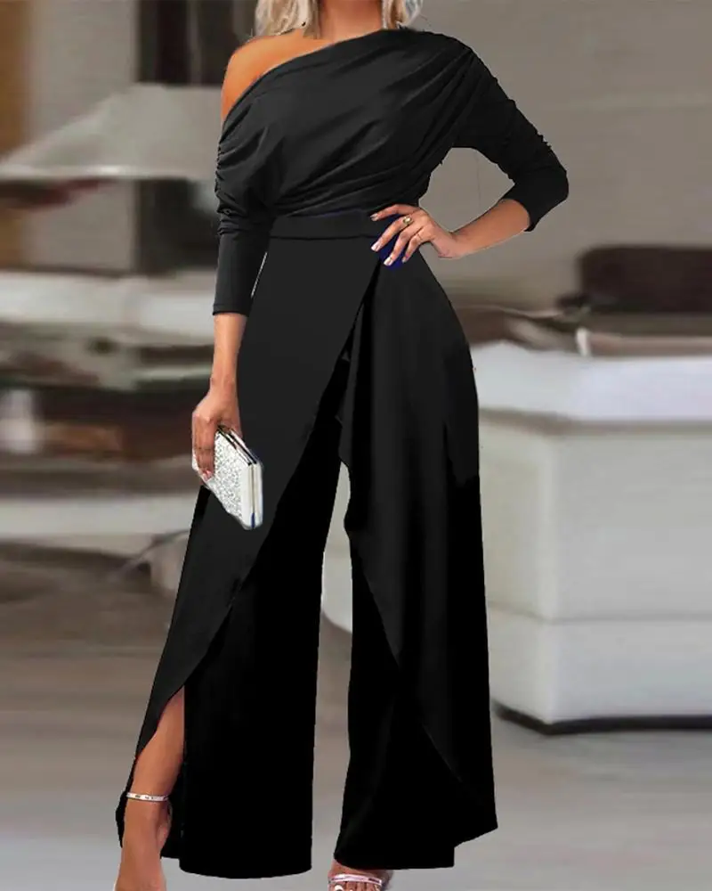 Women Elegant New Fashion Plain Elegant Office Lady Loose Ruched Cold Shoulder Split Hem Wide Leg Jumpsuit