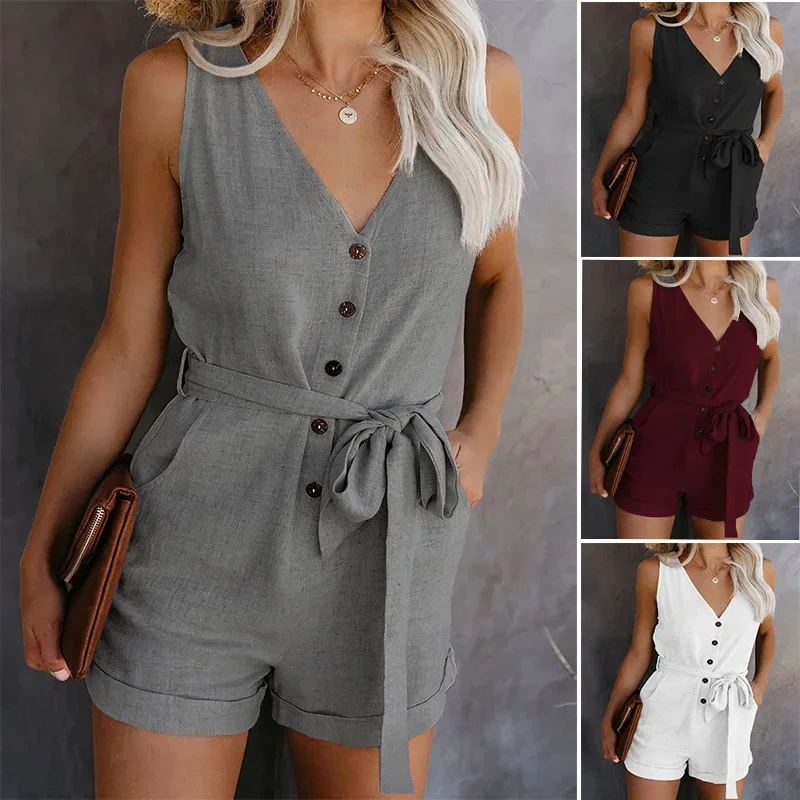 Women's Casual V-neck Monochromatic Jumpsuit, Five-Point Shorts,