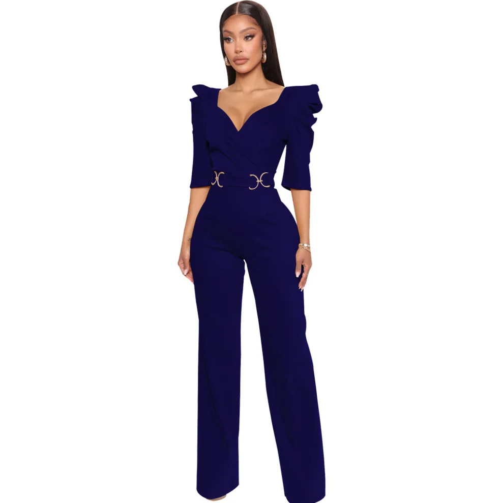 Women XXL Fashion V Collar Short Sleeve Rompers Club Lace Up High Waist Elegant Jumpsuit