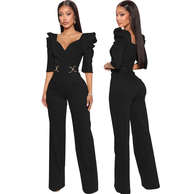 Women XXL Fashion V Collar Short Sleeve Rompers Club Lace Up High Waist Elegant Jumpsuit