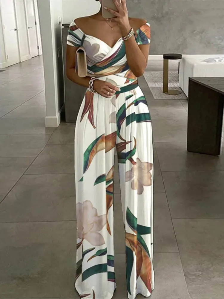 Women New Printed One Shoulder High Waist Short Sleeves Wide Leg Long Pants Slim Jumpsuit